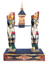 Home Decor. Tabletop Sculpture. Hand Carved and Painted Solid Wooden Figures on a Floral Pedestal - Melasti, a Hindu Ceremony.