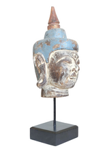 Home Decor. Tabletop Idol. Handcrafted Wooden Serene Peaceful Meditating Buddha Head On a Rustic Stand.
