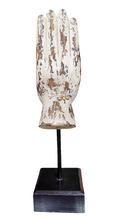 Home Decor. Tabletop Ornament. Buddha Hand Sculpture in Wood mounted on rustic wooden base.