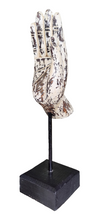 Home Decor. Tabletop Ornament. Buddha Hand Sculpture in Wood mounted on rustic wooden base.