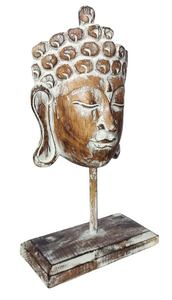 Home Decor Showpiece. 
Wooden Buddha Mask Sculpture on Stand Carved by Hand, "Inspiring Buddha" .