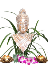 Home Decor. Tabletop Idol. Handcrafted Wooden Serene Meditating Buddha Bust On a Rustic Stand.