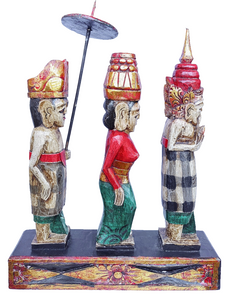 Home Decor. Tabletop Sculpture. Hand Carved and Painted Solid Wooden Figures on a Floral Pedestal - Melasti, a Hindu Ceremony.