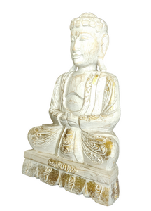 Home Decor Idol: Lord Buddha in wood seated and meditating on a floral pedestal.