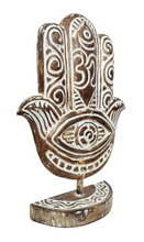Home Decor. Table Accent. Carved and Hand Painted, Wooden Hamsa Hand Statue.