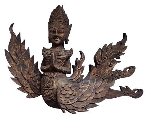 Teak Wood Carved Kinnara, Thai Bird Wall Art.