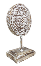 Home Decor: Tabletop Showpiece. Carved Wooden Disc Tribal Design Decor On Stand.