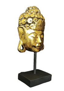 Home Decor Showpiece. Wooden Buddha Mask Sculpture on Stand Carved by Hand, "Golden Buddha" .
