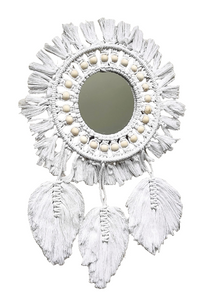 Home Decor - Boho Handmade Wall Mirror with Wooden Beads and Leaf Tassels.