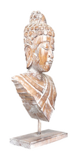 Home Decor. Tabletop Idol. Handcrafted Wooden Serene Meditating Buddha Bust On a Rustic Stand.