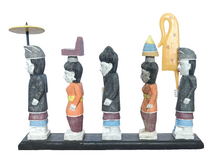 Home Decor. Tabletop Sculpture. Hand Carved and Painted Solid Wooden Figurines on a Pedestal - Melasti, a Hindu Ceremony.