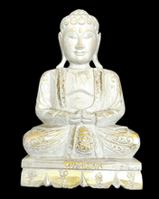Home Decor Idol: Lord Buddha in wood seated and meditating on a floral pedestal.