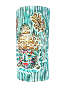 Home Decor. Wall - Table Ornament. Wooden Buddha Face Carved in a Log with Colourful Floral Design.