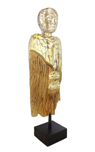 Home Decor. Tabletop Sculpture. Contemporary Serene Buddhist Monk Wooden Statue mounted on a rustic wooden base. Height 2.2 feet.