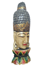 Table / Wall / Floor Decor. Beautiful Handcrafted and Hand Painted Buddha Mask on a Double Lotus Pedestal. Height 2.9 ft.