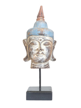 Home Decor. Tabletop Idol. Handcrafted Wooden Serene Peaceful Meditating Buddha Head On a Rustic Stand.