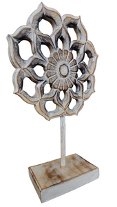 Home Decor Showpiece. Beautiful Handcrafted Wooden Lotus Mandala mounted on a rustic base.