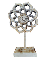 Home Decor Showpiece. Beautiful Handcrafted Wooden Lotus Mandala mounted on a rustic base.