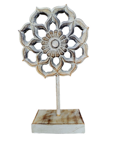 Home Decor Showpiece. Beautiful Handcrafted Wooden Lotus Mandala mounted on a rustic base.