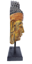 Home Decor Showpiece. Hand-carved Wood Face Sculpture with Stand, "Buddha's Golden Peace".