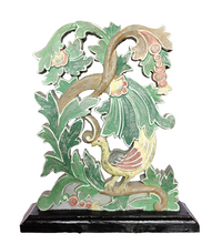 Home Decor. Tabletop showpiece. Hand - Carved Intricate Floral - Bird Wooden Relief Panel, mounted on a base, "Floral Canopy"