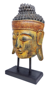 Home Decor Showpiece. Hand-carved Wood Face Sculpture with Stand, "Buddha's Golden Peace".