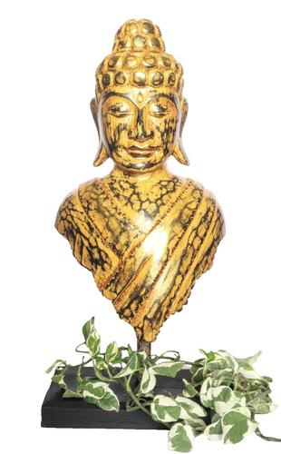 Home Decor. Tabletop Idol. Handcrafted Wooden Serene Meditating Buddha Bust On a Rustic Stand.