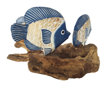 Home Decor. Tabletop Showpiece. Hand Carved Wooden Fish Statuettes Swimming on Driftwood.