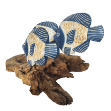 Home Decor. Tabletop Showpiece. Hand Carved Wooden Fish Statuettes Swimming on Driftwood.
