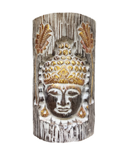 Home Decor. Wall - Table Decor. Contemporary Wooden Buddha Face Carved in a Log with Colourful Floral Design.
