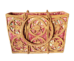 Handbags: Star Themed Large Top Handle, Hand - Woven Natural Rattan Tote Bag.