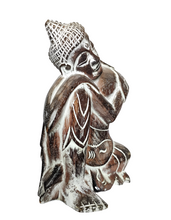 Table Decor. Handcrafted Wooden Dreaming Buddha Sculpture, Resting Head on Knee.
