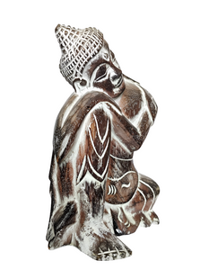 Table Decor. Handcrafted Wooden Dreaming Buddha Sculpture, Resting Head on Knee.