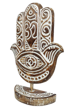 Home Decor. Table Accent. Carved and Hand Painted, Wooden Hamsa Hand Statue.