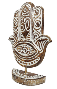Home Decor. Table Accent. Carved and Hand Painted, Wooden Hamsa Hand Statue.