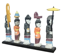 Home Decor. Tabletop Sculpture. Hand Carved and Painted Solid Wooden Figurines on a Pedestal - Melasti, a Hindu Ceremony.