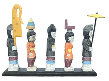 Home Decor. Tabletop Sculpture. Hand Carved and Painted Solid Wooden Figurines on a Pedestal - Melasti, a Hindu Ceremony.