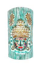 Home Decor. Wall - Table Ornament. Wooden Buddha Face Carved in a Log with Colourful Floral Design.