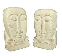 Home Decor. Table - Garden Accents. Pair of Hand Carved stone Face Sculptures with floral design, "Harum Couple".