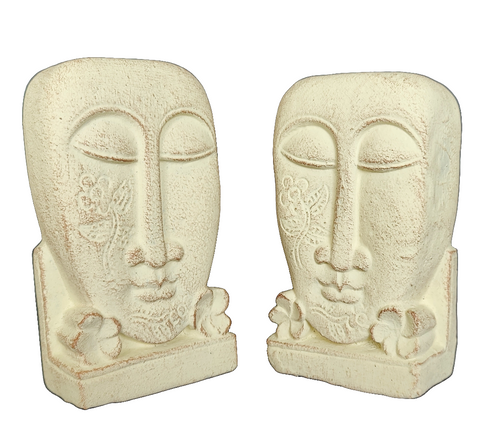 Home Decor. Table - Garden Accents. Pair of Hand Carved stone Face Sculptures with floral design, 