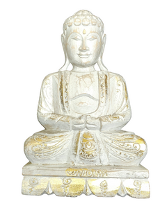 Home Decor Idol: Lord Buddha in wood seated and meditating on a floral pedestal.
