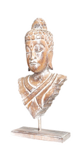 Home Decor. Tabletop Idol. Handcrafted Wooden Serene Meditating Buddha Bust On a Rustic Stand.