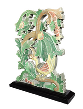 Home Decor. Tabletop showpiece. Hand - Carved Intricate Floral - Bird Wooden Relief Panel, mounted on a base, "Floral Canopy"