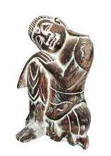 Table Decor. Handcrafted Wooden Dreaming Buddha Sculpture, Resting Head on Knee.