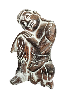 Table Decor. Handcrafted Wooden Dreaming Buddha Sculpture, Resting Head on Knee.