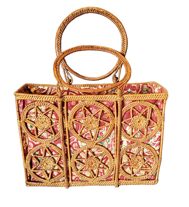 Handbags: Star Themed Large Top Handle, Hand - Woven Natural Rattan Tote Bag.