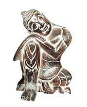 Table Decor. Handcrafted Wooden Dreaming Buddha Sculpture, Resting Head on Knee.