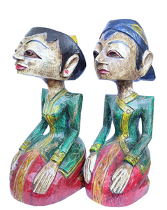 HOME DECOR - TABLETOP FIGURINES - Vintage set of two handcrafted wooden Javanese style Loro Blonyo wedding figures.