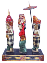 Home Decor. Tabletop Sculpture. Hand Carved and Painted Solid Wooden Figures on a Floral Pedestal - Melasti, a Hindu Ceremony.