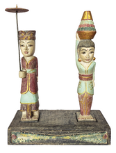 Home Decor. Tabletop Vintage Sculptures. Hand Carved and Painted Wooden Figures on a rustic base - Melasti, a Hindu Ceremony.